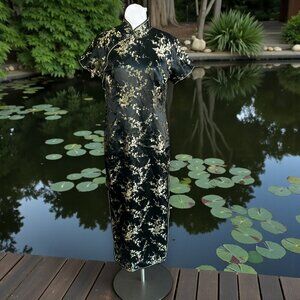 Stephen's Collection Black Gold Cherry Blossom Cheongsam Maxi Dress Size 4